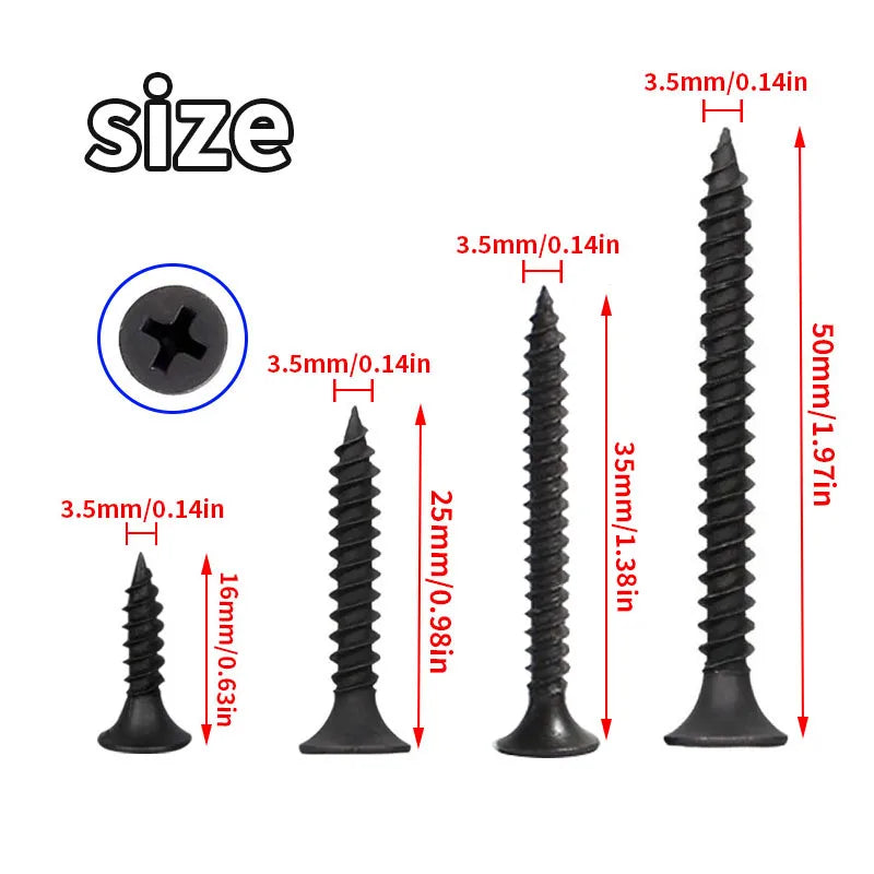 ברגי הברגה עצמית שחורים M3.5, ברגי נעילה, מתכת, מתאים לקירות גבס, לוחות גבס וקורות פלדה קלות